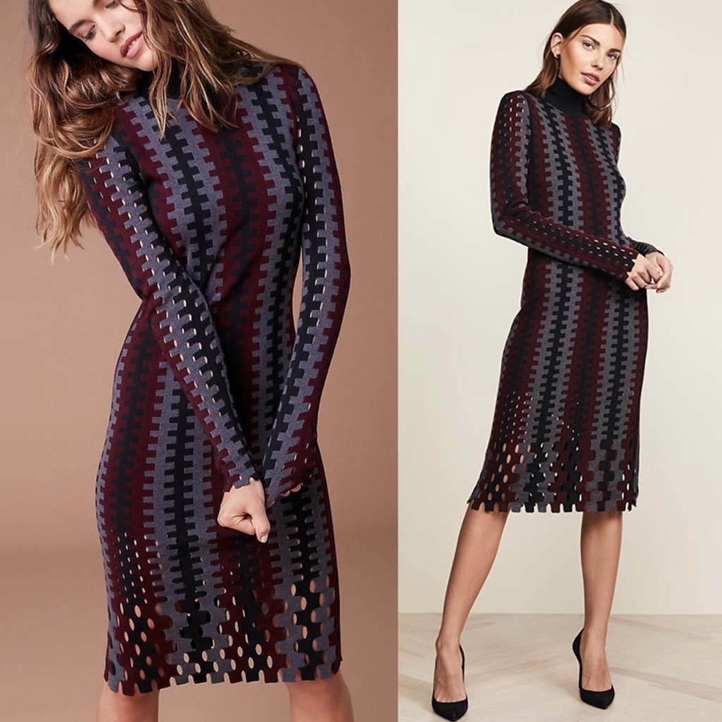 Dvf Midi Sweater Dress Merino Wool Turtleneck Long Sleeve Geometric Stripes Med